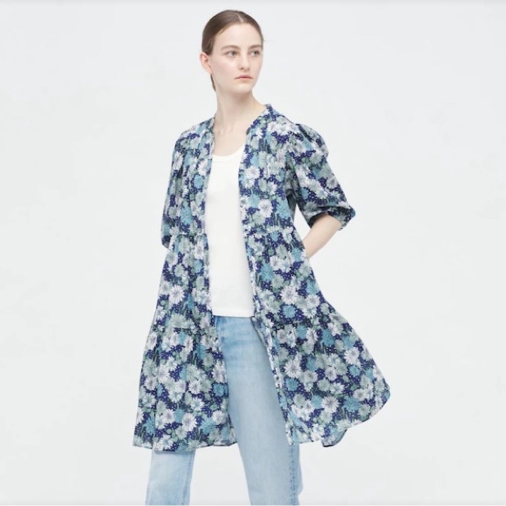 Uniqlo x Paul & Joe Navy Blue Floral Button Down Puff Sleeve Tiered Dress Size M - Picture 2 of 16